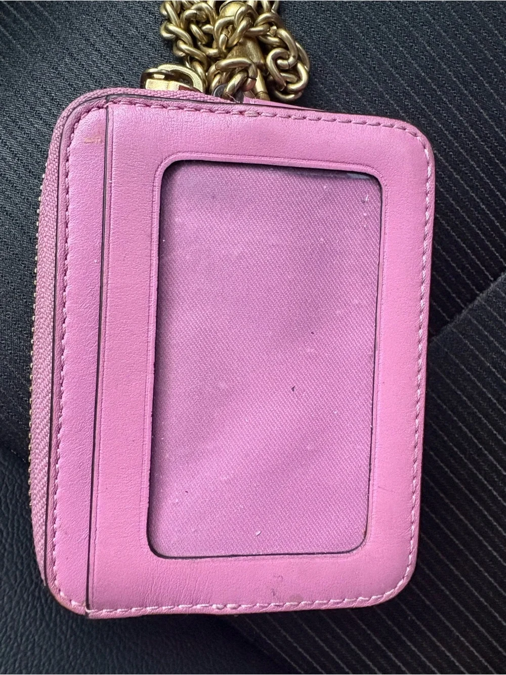 Coach Pink Leather Card Holder with Gold Chain Accent